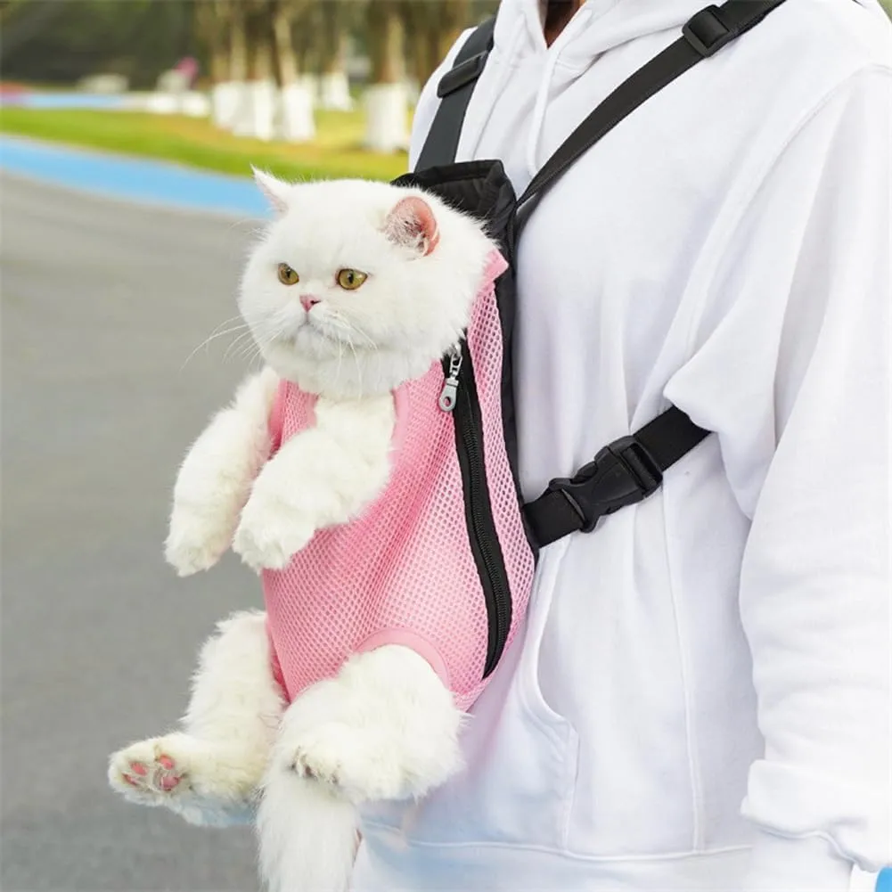 Pet Carrier Backpack, Adjustable Cat Front Travel Bag, Pet Legs Out Ventilated Dog Chest Carrier with Hook and Loop for Camping Hiking Travel Puppy Cat Pink S