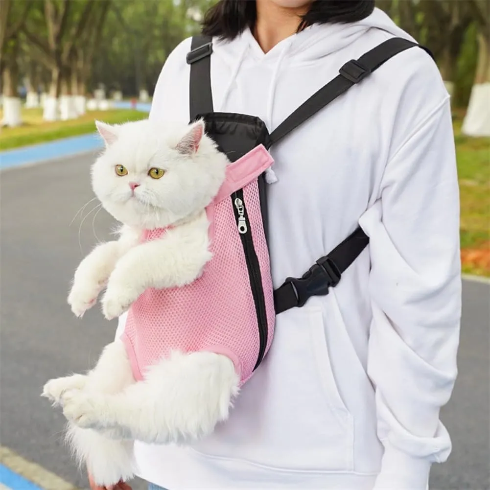 Pet Carrier Backpack, Adjustable Cat Front Travel Bag, Pet Legs Out Ventilated Dog Chest Carrier with Hook and Loop for Camping Hiking Travel Puppy Cat Pink S