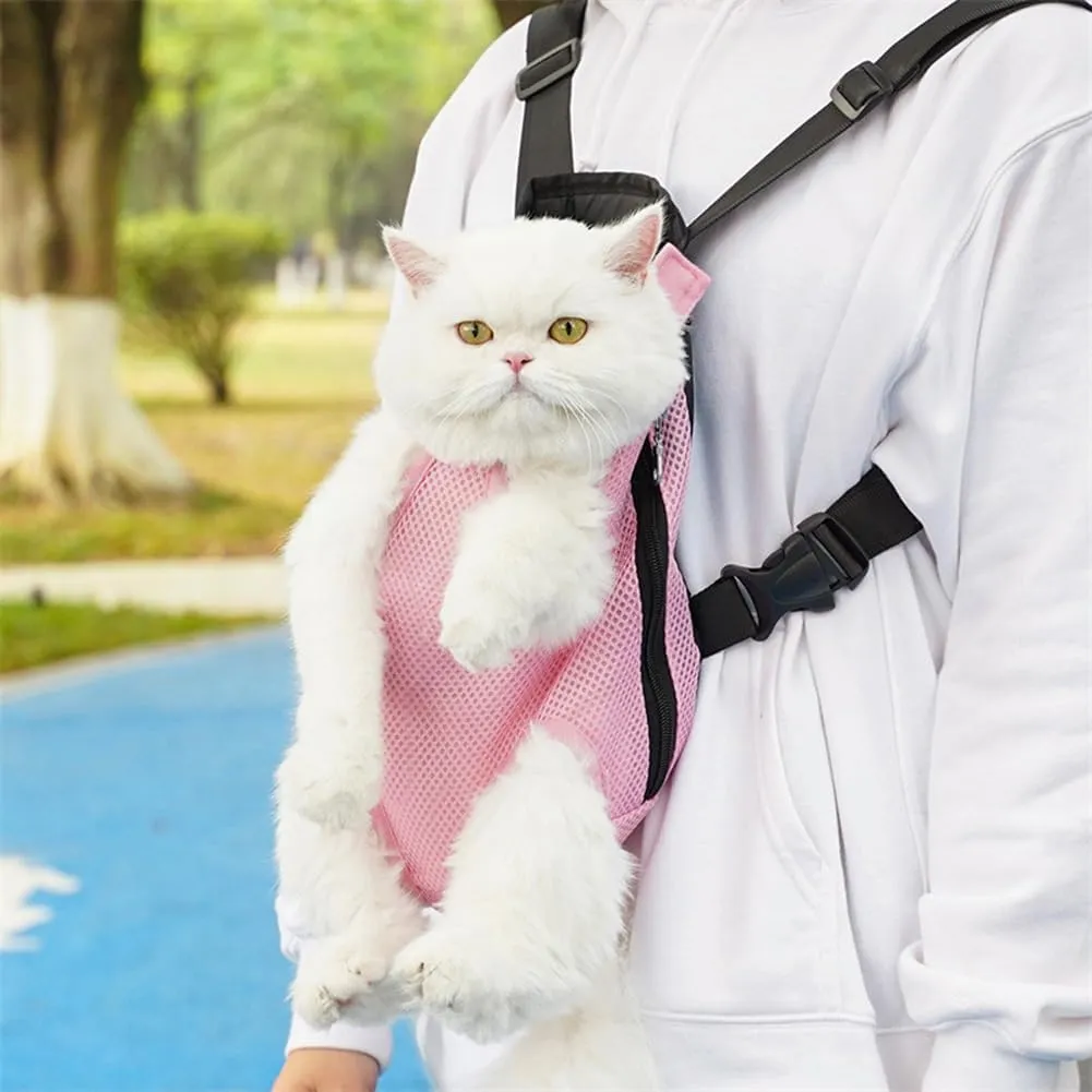 Pet Carrier Backpack, Adjustable Cat Front Travel Bag, Pet Legs Out Ventilated Dog Chest Carrier with Hook and Loop for Camping Hiking Travel Puppy Cat Pink S