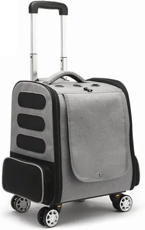 Pet Travel Trolley Cat/Dog Carrier with Swivel Wheels, Pet Backpack Carrier Breathable Dog Transport Box Cat Crate Bag Box Pet Portable Suitcase with Pockets (Grey a