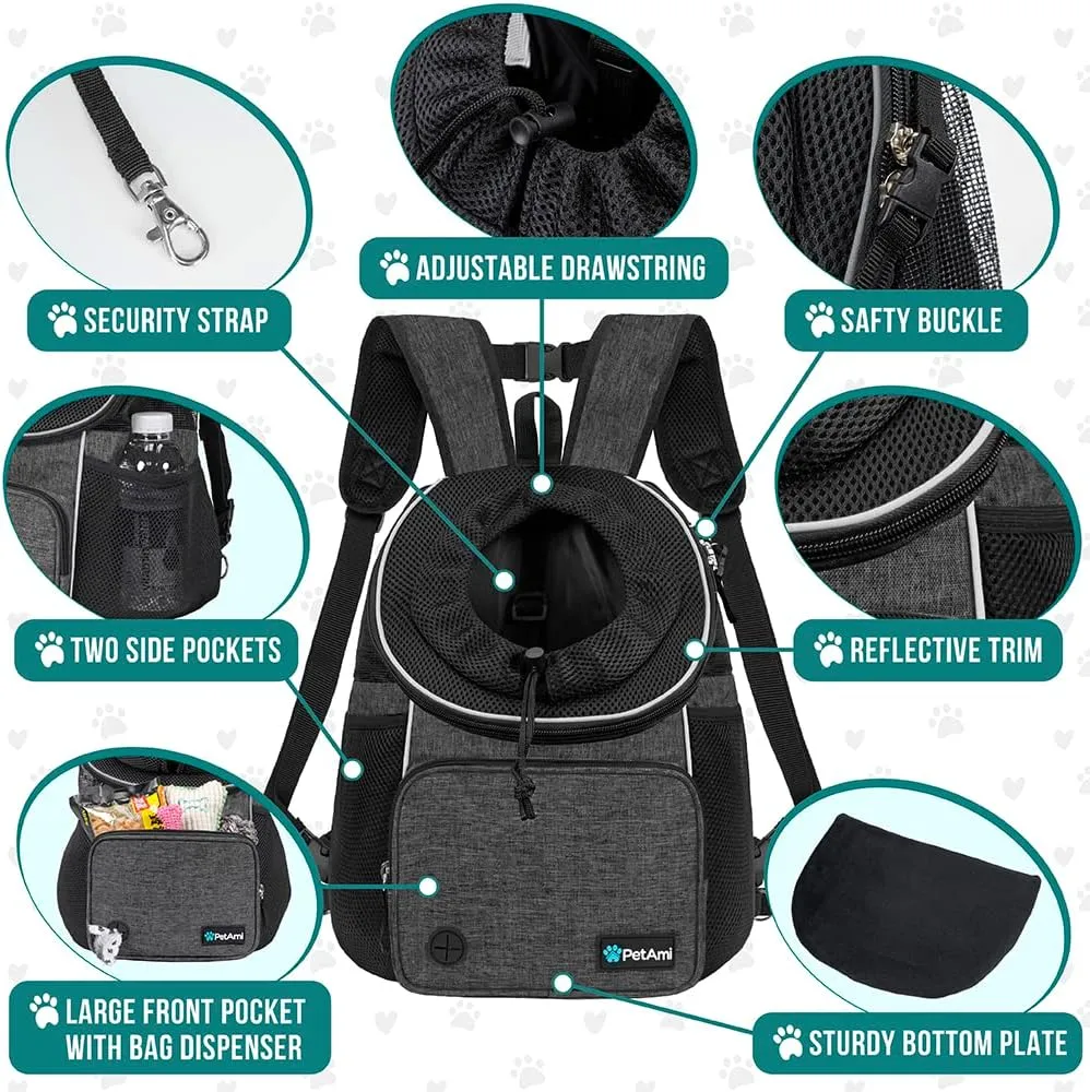 PetAmi Adjustable Dog & Cat Chest Carrier Backpack, Ventilated for Hiking & Camping, Small to Large Pets Up to 15 lbs, Dark Gray