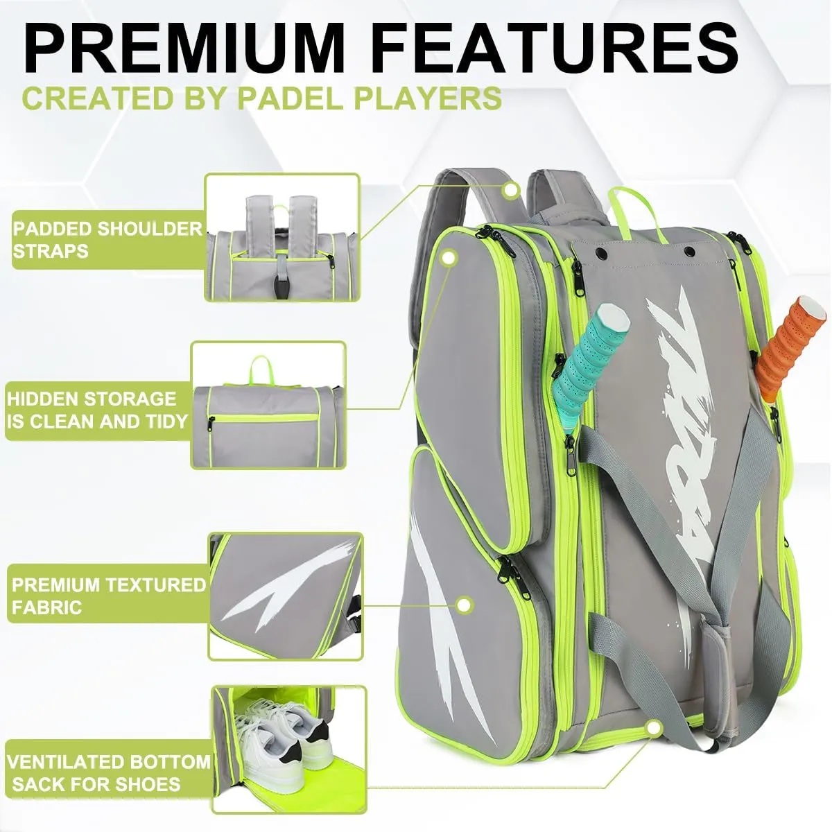 Pickleball Bag - Large Paddle Bag for 4 Paddles & Accessories - Fence Hook, Extra Pockets, Shoe Compartment