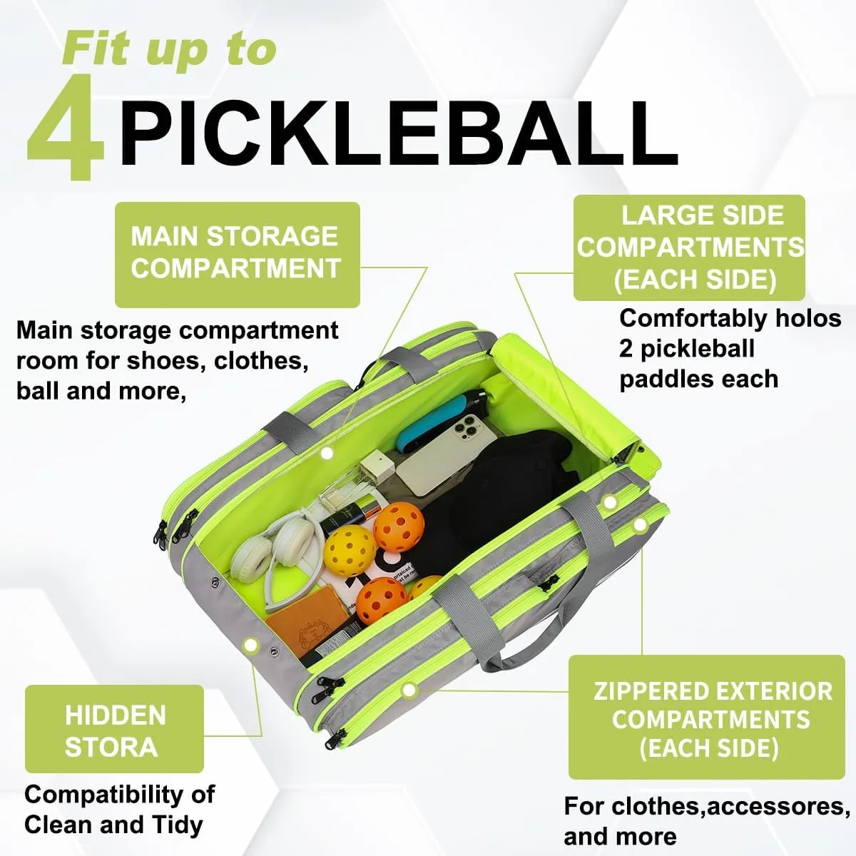 Pickleball Bag - Large Paddle Bag for 4 Paddles & Accessories - Fence Hook, Extra Pockets, Shoe Compartment
