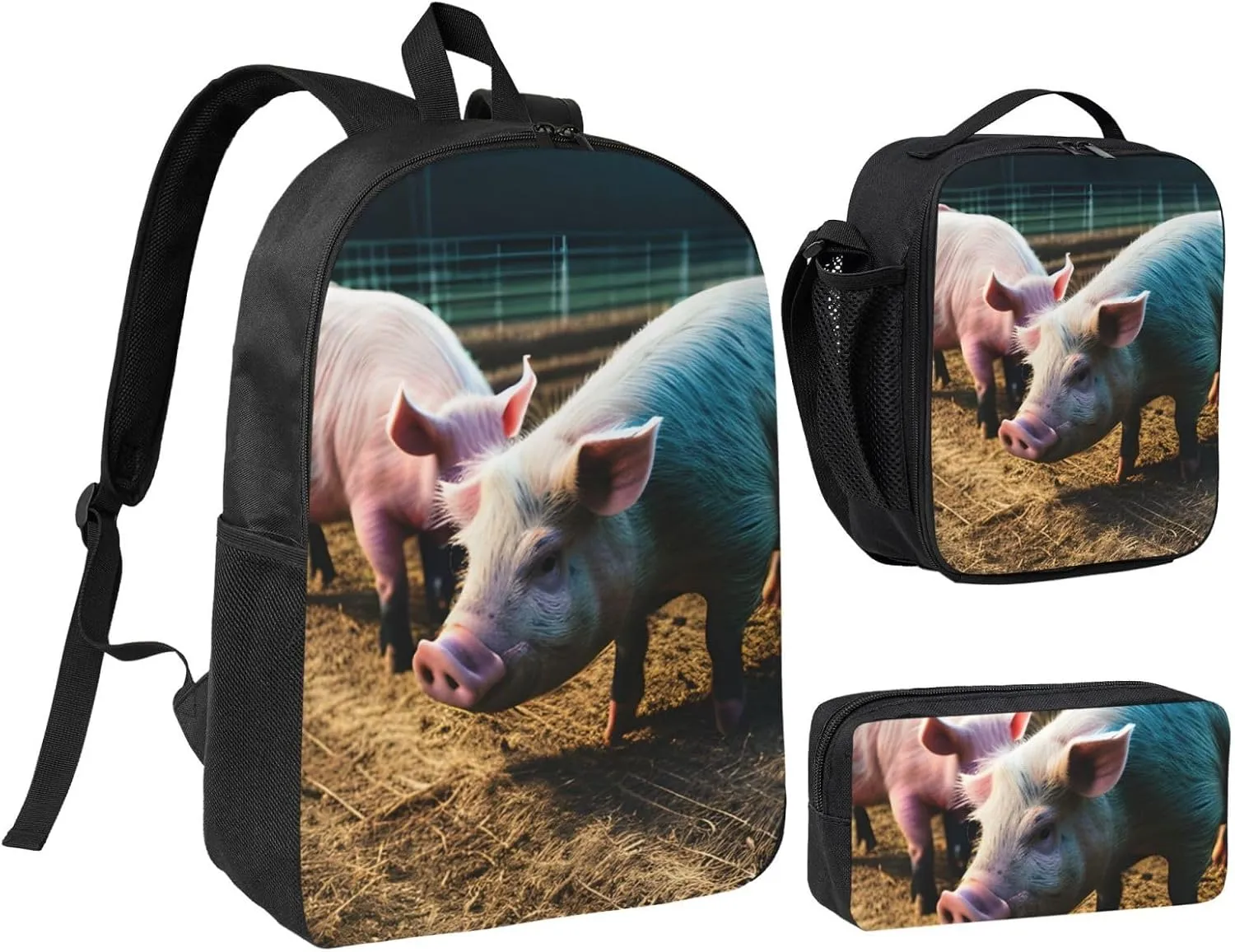 Pigs in Farm print Backpack Set Casual Shoulder Bag Lunch Bag Pen Pouch 3 in 1 Set 17inch for Women Men College