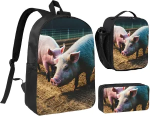 Pigs in Farm print Backpack Set Casual Shoulder Bag Lunch Bag Pen Pouch 3 in 1 Set 17inch for Women Men College