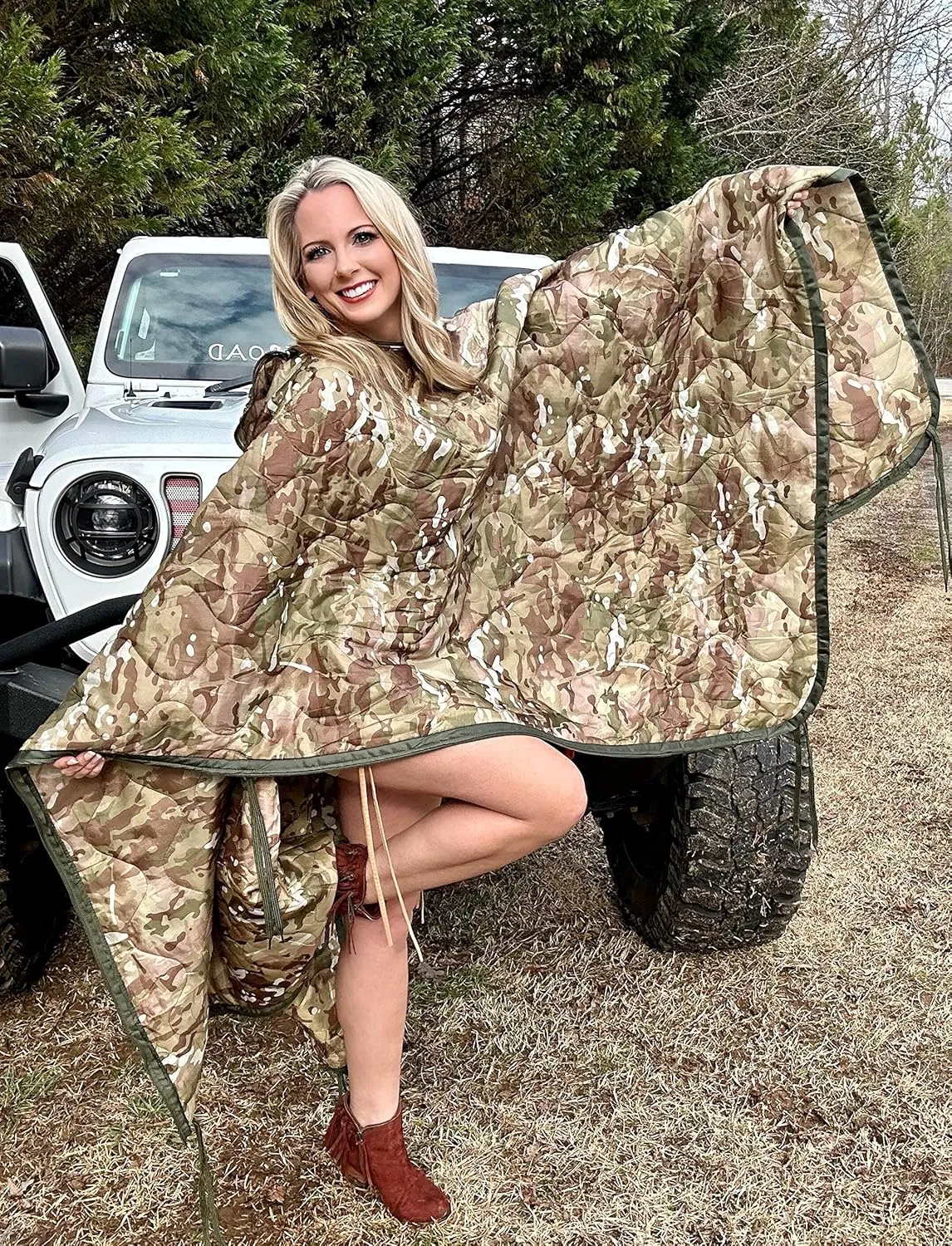 Poncho Liner Woobie with Zipper and Zippered Head Port, 3-Sided Zipper, Pillow and Stuff Sack Included