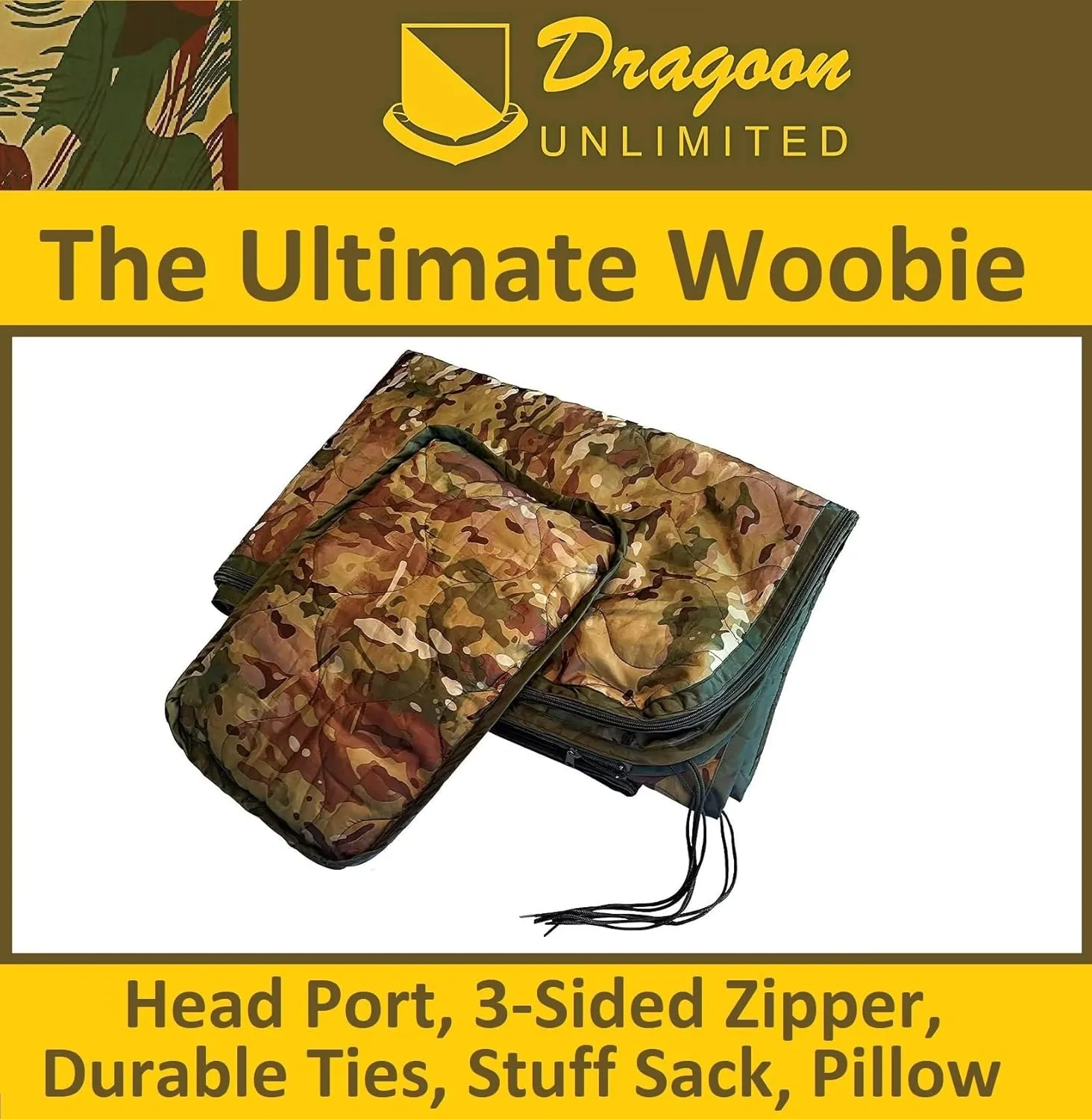 Poncho Liner Woobie with Zipper and Zippered Head Port, 3-Sided Zipper, Pillow and Stuff Sack Included
