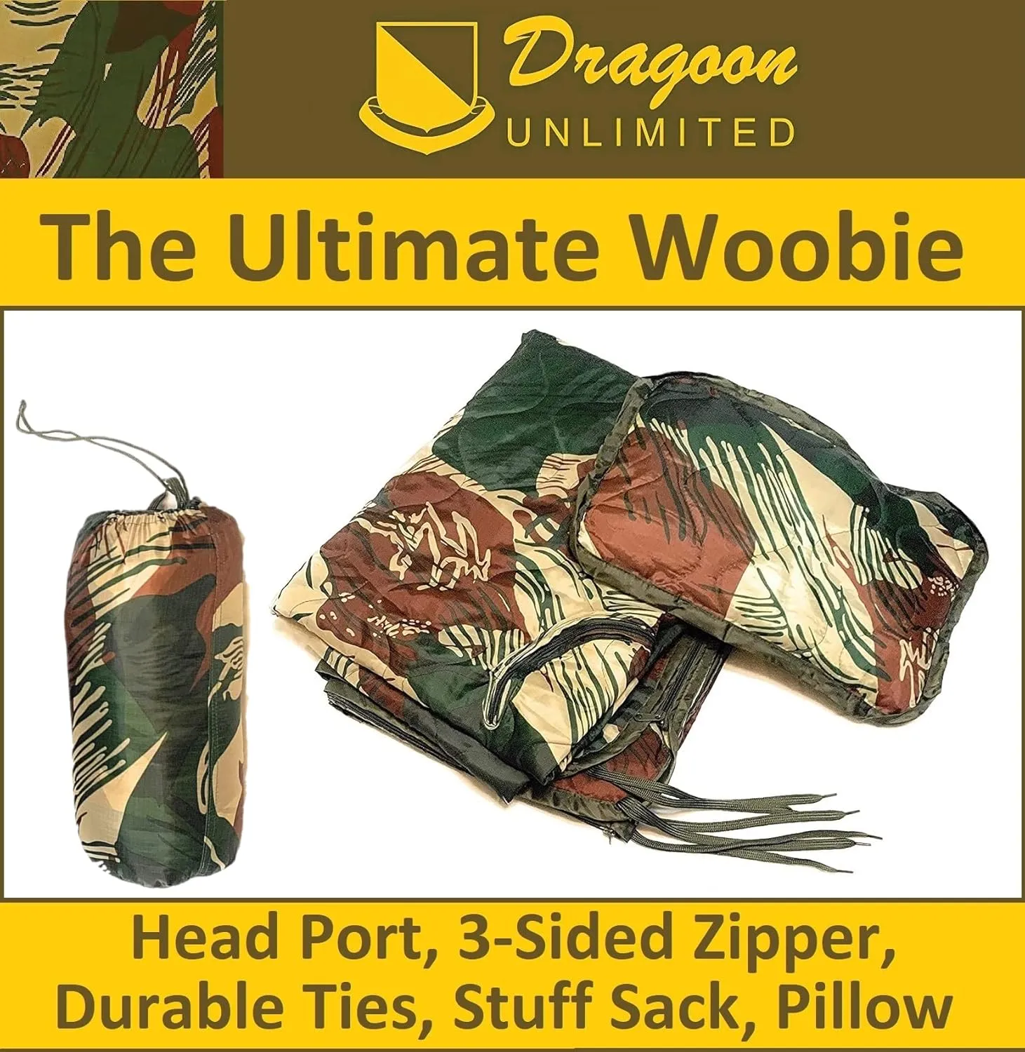 Poncho Liner Woobie with Zipper and Zippered Head Port, 3-Sided Zipper, Pillow and Stuff Sack Included