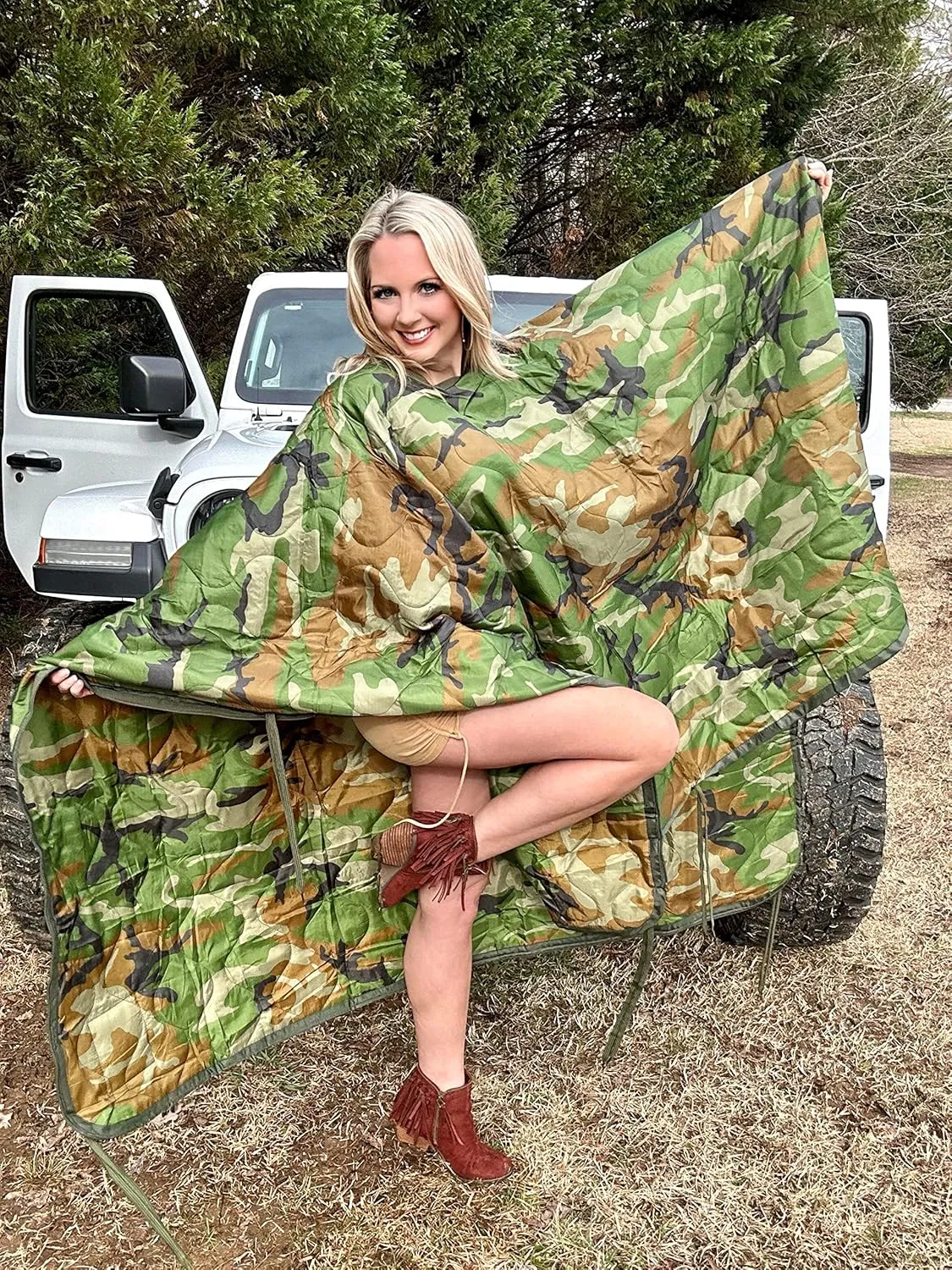 Poncho Liner Woobie with Zipper and Zippered Head Port, 3-Sided Zipper, Pillow and Stuff Sack Included