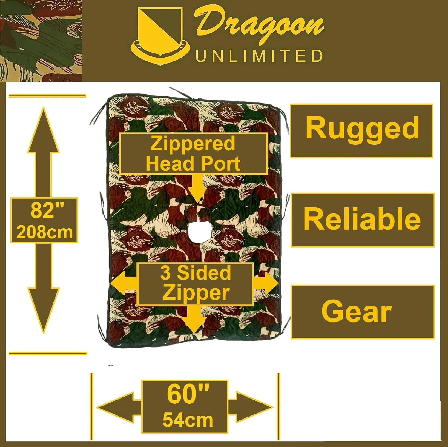 Poncho Liner Woobie with Zipper and Zippered Head Port, 3-Sided Zipper, Pillow and Stuff Sack Included