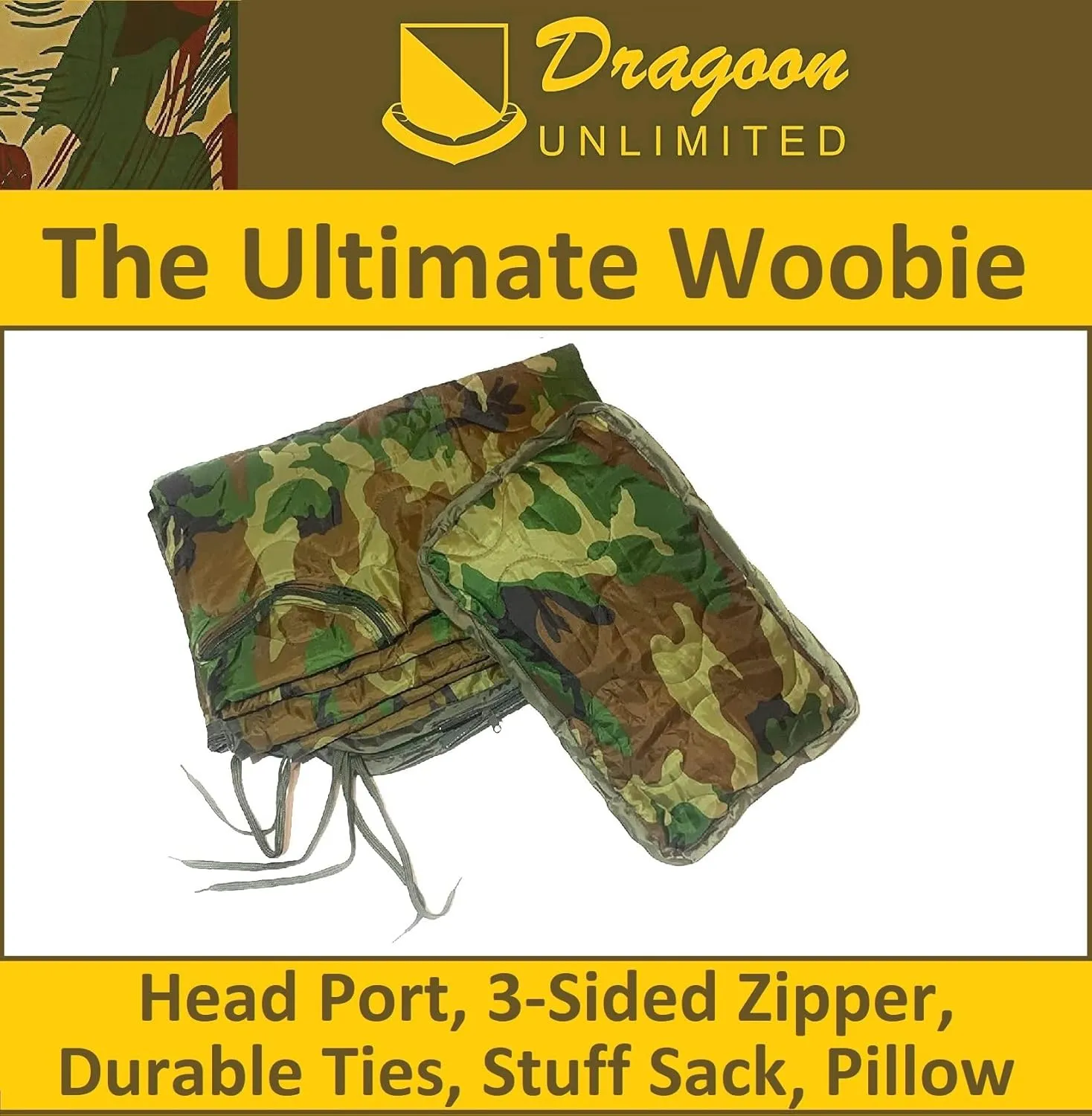 Poncho Liner Woobie with Zipper and Zippered Head Port, 3-Sided Zipper, Pillow and Stuff Sack Included