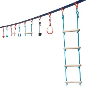 Portable 50 Foot Ninja Slackline Monkey Bar & Ladder Kit – Kids Gym Swinging Obstacle Course Set - Warrior Training Bars, Fists, Gymnastics Rings - Carry Bag & Tree Protectors