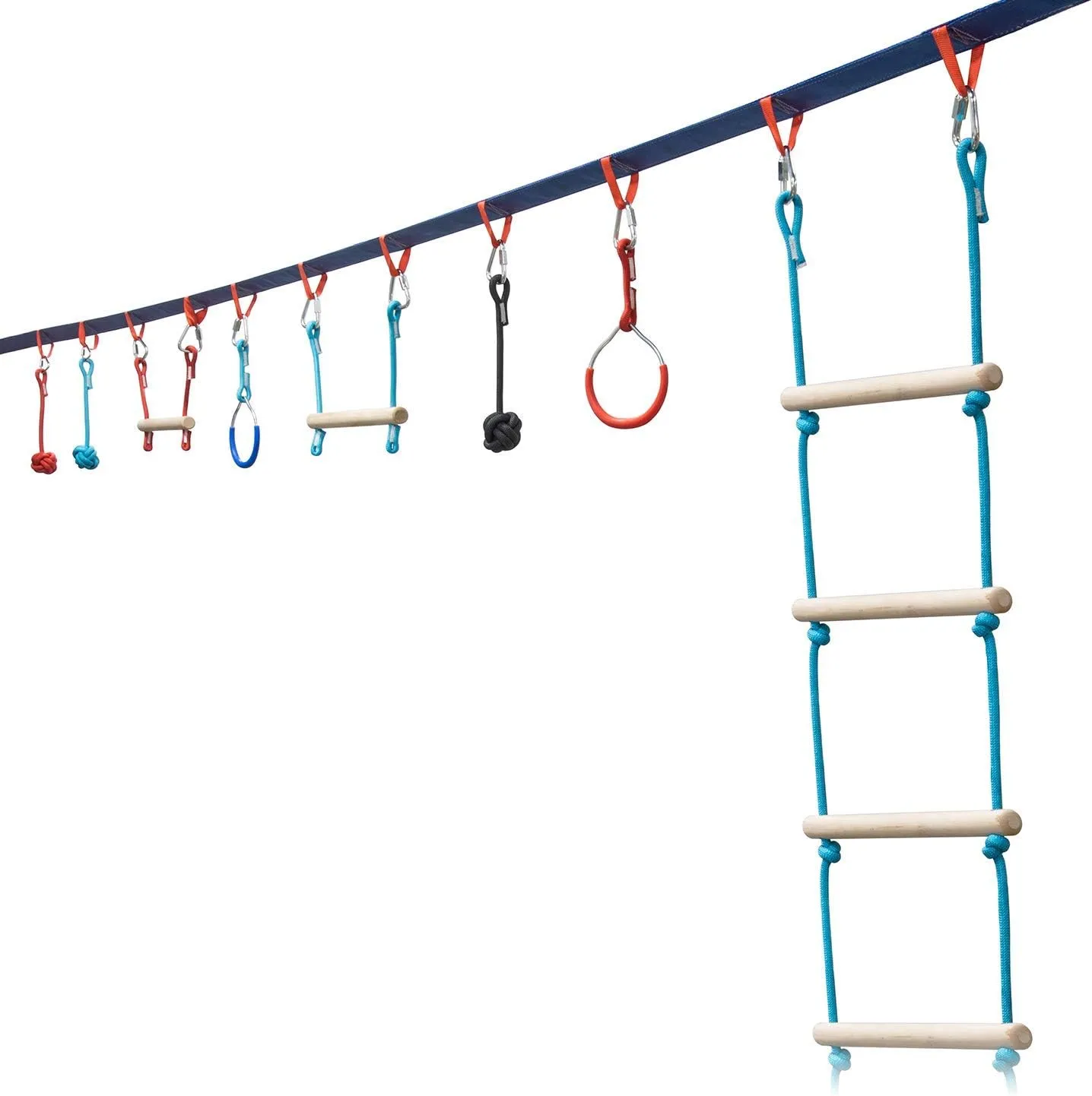 Portable 50 Foot Ninja Slackline Monkey Bar & Ladder Kit – Kids Gym Swinging Obstacle Course Set - Warrior Training Bars, Fists, Gymnastics Rings - Carry Bag & Tree Protectors