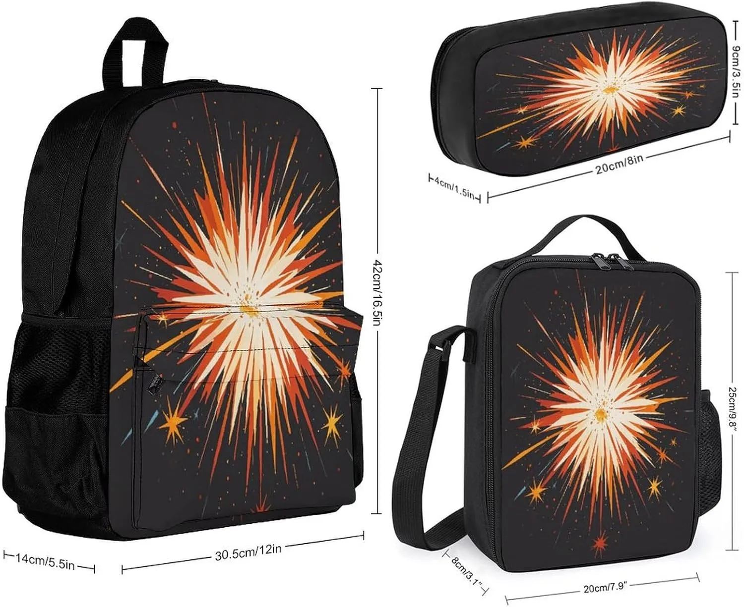 Portable Backpack Set with Lunch Bag & Pencil Case, Blast Print 3-in-1 Durable Work Bag,Adjustable Straps,Lightweight & Spacious