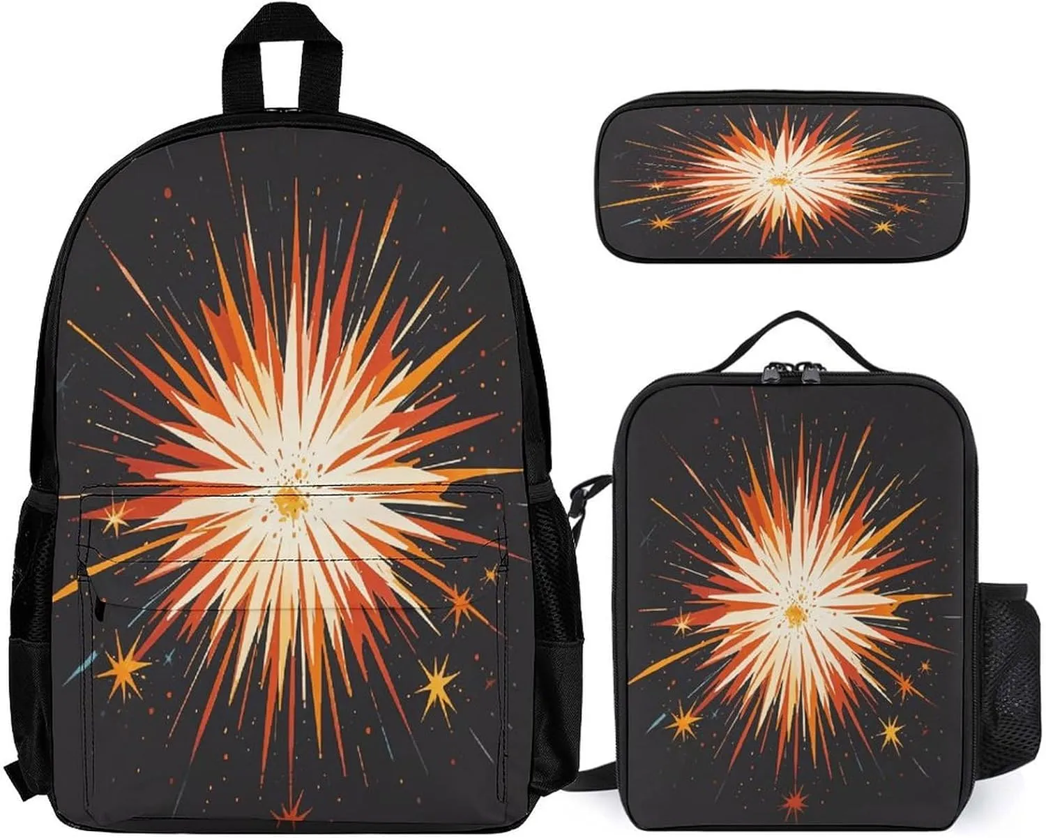 Portable Backpack Set with Lunch Bag & Pencil Case, Blast Print 3-in-1 Durable Work Bag,Adjustable Straps,Lightweight & Spacious