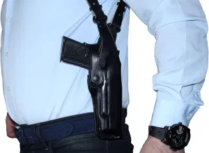 Premium Leather Vertical Shoulder Holster System with Double Magazine Carrier for 1911 Kimber 9/45 ACP 5" Barrel, Right Hand Draw, Black Color #1111#