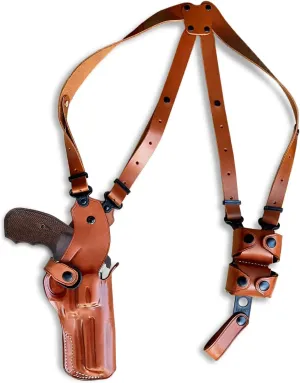 Premium Leather Vertical Shoulder Holster System with Double Speed Loader Pouch for Rugerr GP100 Match Champion 357 Magnum 4.20" Barrel, Right Hand Draw, Brown Color #1517#
