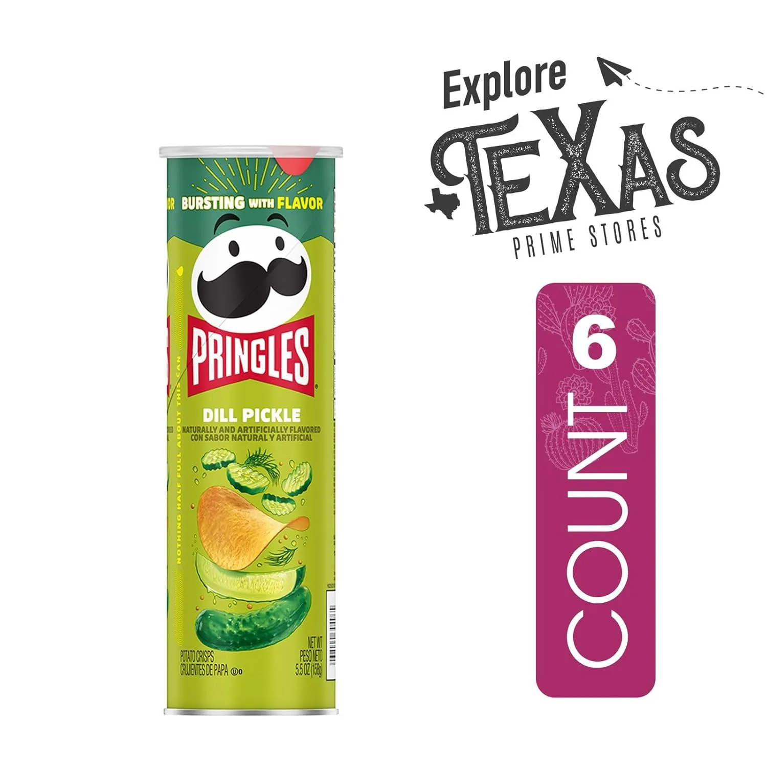 Pringles Street Flavors 6- Count of Dill Pickle Potato Crisps Chips, On-The-Go Lunch Snack 5.5 oz Can   1 Freebie by Unique Outlet