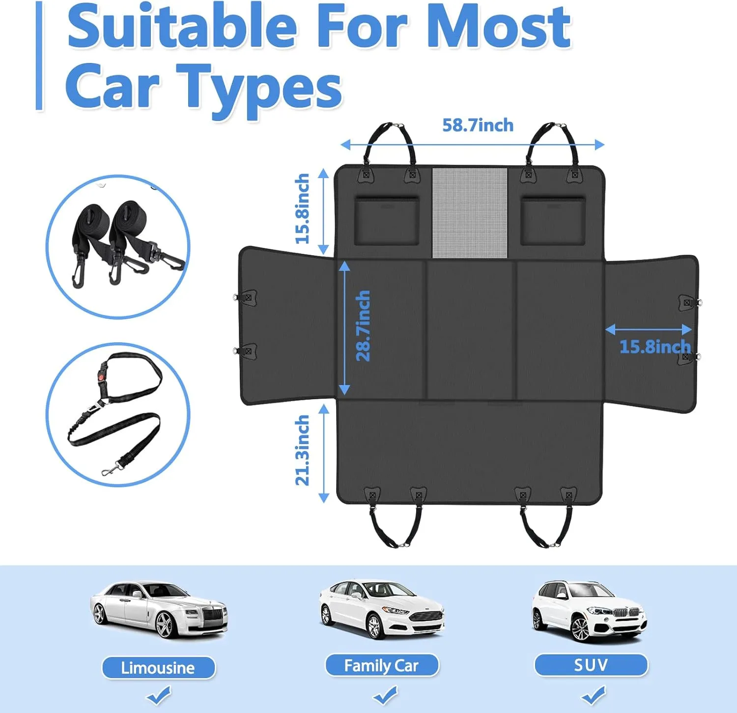 PU Leather Back Seat Extender for Dogs,Waterproof Back Seat Pet Cover for Dogs，Hard Bottom Up to 500Lbs Dog Car Seat Cover for Back Seat,Black Large Space Dog Hammock for Car,SUV,Truck