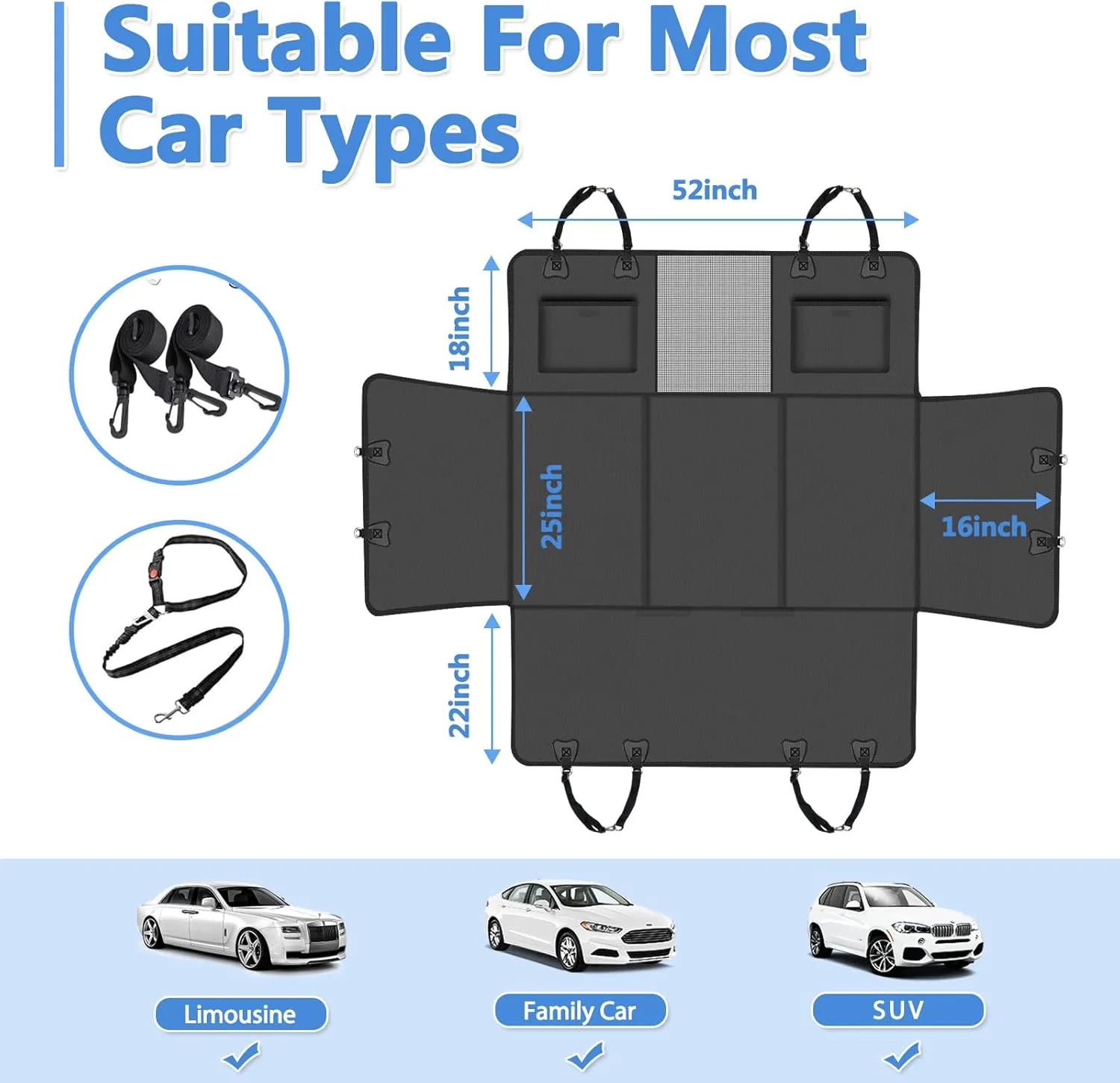 PU Leather Back Seat Extender for Dogs,Waterproof Back Seat Pet Cover for Dogs,Scratch-Proof Dog Car Seat Cover with Hard Bottom, Black Large Space Dog Hammock,Holds 500lbs