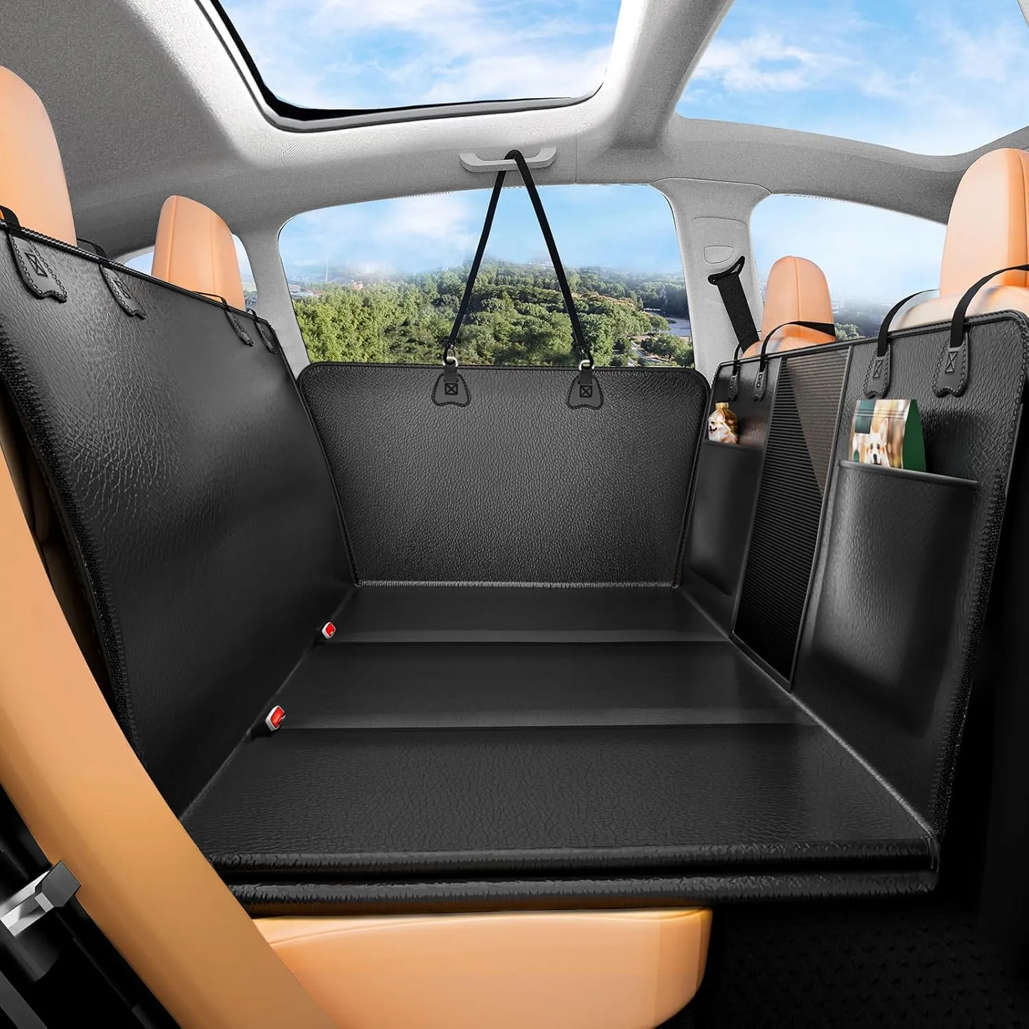 PU Leather Back Seat Extender for Dogs,Waterproof Back Seat Pet Cover for Dogs,Scratch-Proof Dog Car Seat Cover with Hard Bottom, Black Large Space Dog Hammock,Holds 500lbs