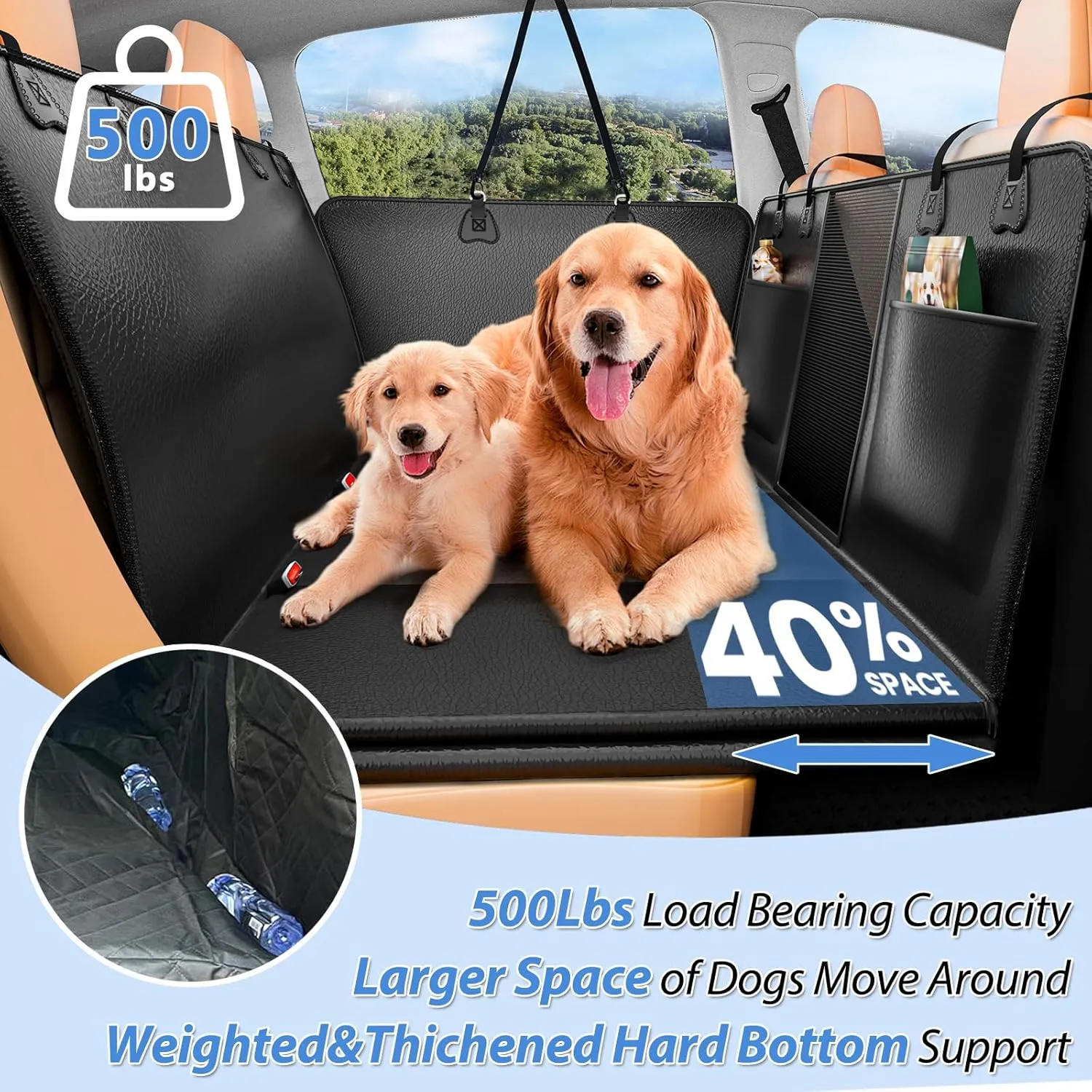 PU Leather Back Seat Extender for Dogs,Waterproof Back Seat Pet Cover for Dogs,Scratch-Proof Dog Car Seat Cover with Hard Bottom, Black Large Space Dog Hammock,Holds 500lbs