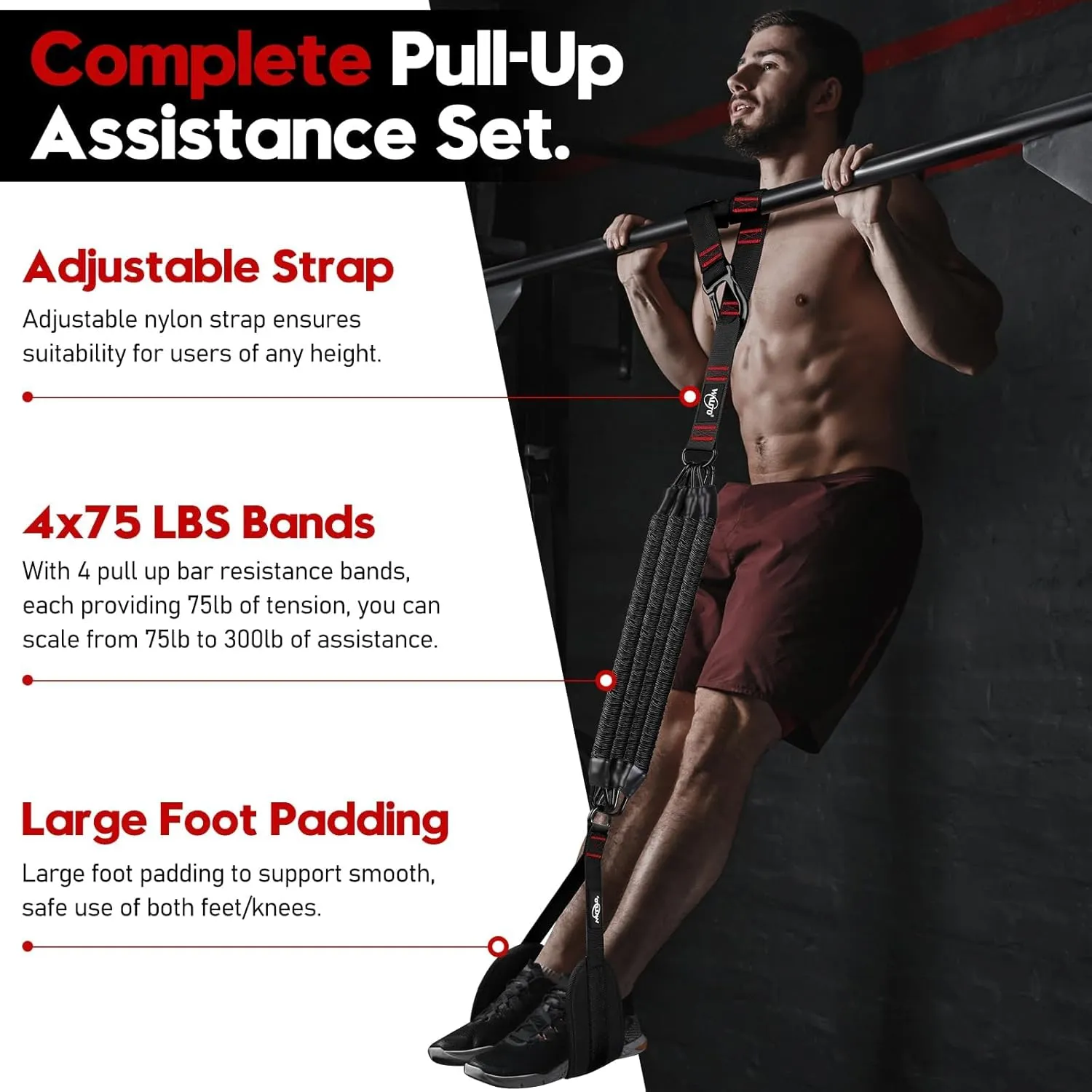 Pull Up Assistance Bands, Heavy Duty Resistance Bands for Pull Up Bar, Pull Up Assist Band with Feet Rest, Pull Up Assist Band Strength Training Workout Equipment, Height Adjustable