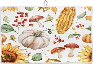 Pumpkin Mushroom Corn Golf Towel with Heavy Duty Carabiner Clip Quick Dry Ultra Absorbent Club Ball Cleaning Towel Golf Accessories for Men Women