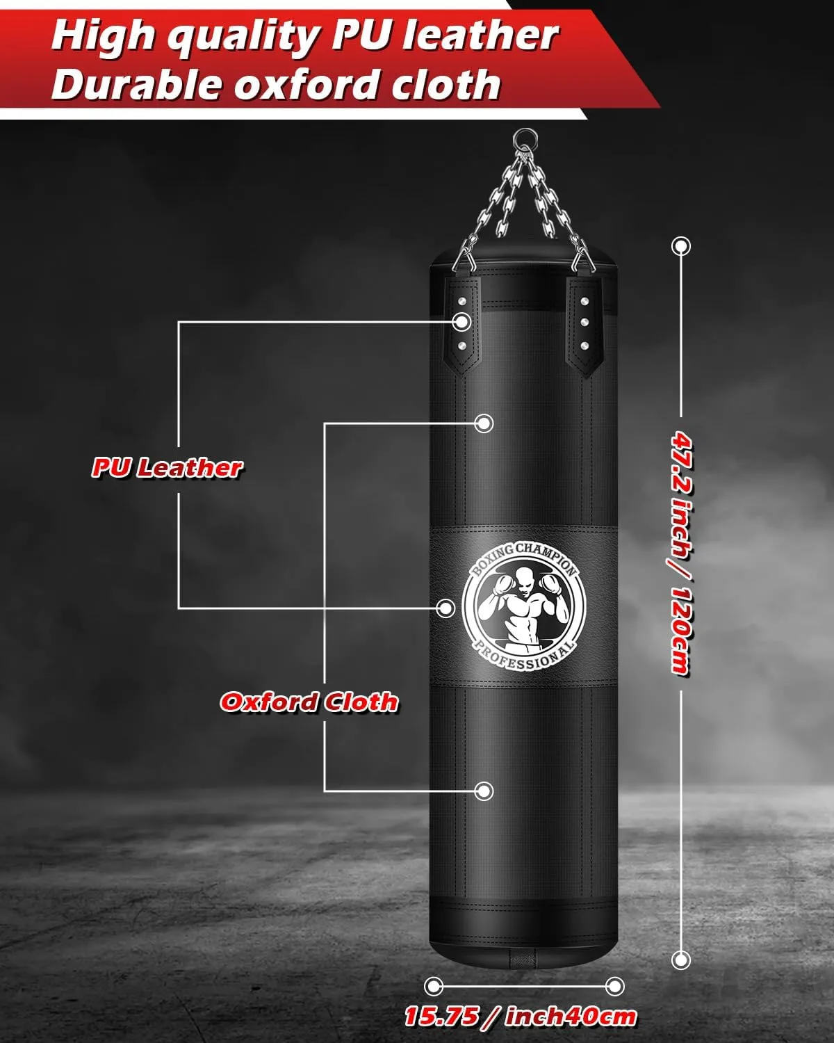 Punching Bag for Adults, 4FT PU Heavy Boxing Bags with Chain Ceiling Hook, Hanging Boxing Bag for Kickboxing Muay Thai Karate Judo Taekwondo Home Gym Training, Unfilled