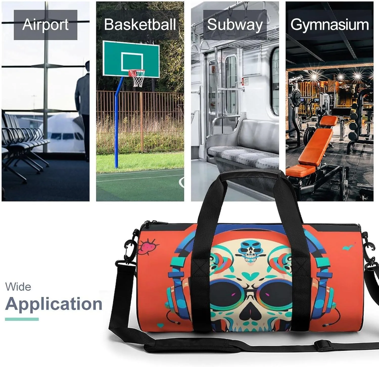 Punk Rock Earphones Skull Gym Bag Small Travel Duffle Bag with Compartment Carry On Weekender Bag for Women Men