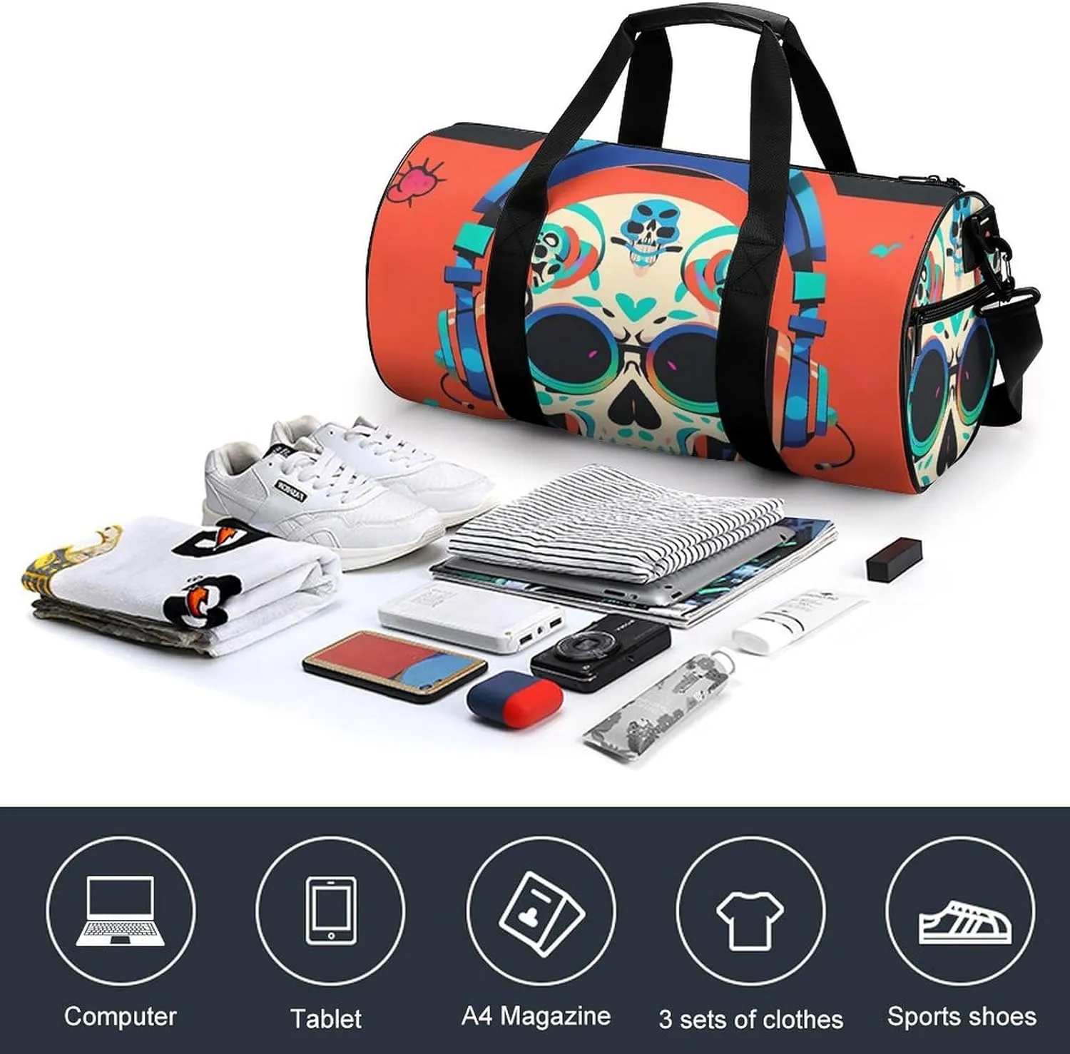 Punk Rock Earphones Skull Gym Bag Small Travel Duffle Bag with Compartment Carry On Weekender Bag for Women Men