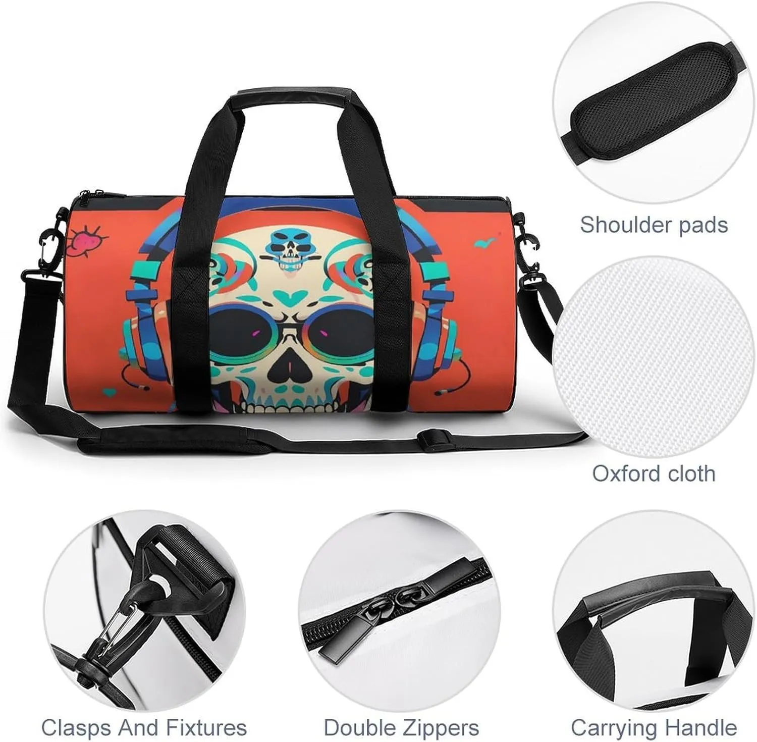 Punk Rock Earphones Skull Gym Bag Small Travel Duffle Bag with Compartment Carry On Weekender Bag for Women Men