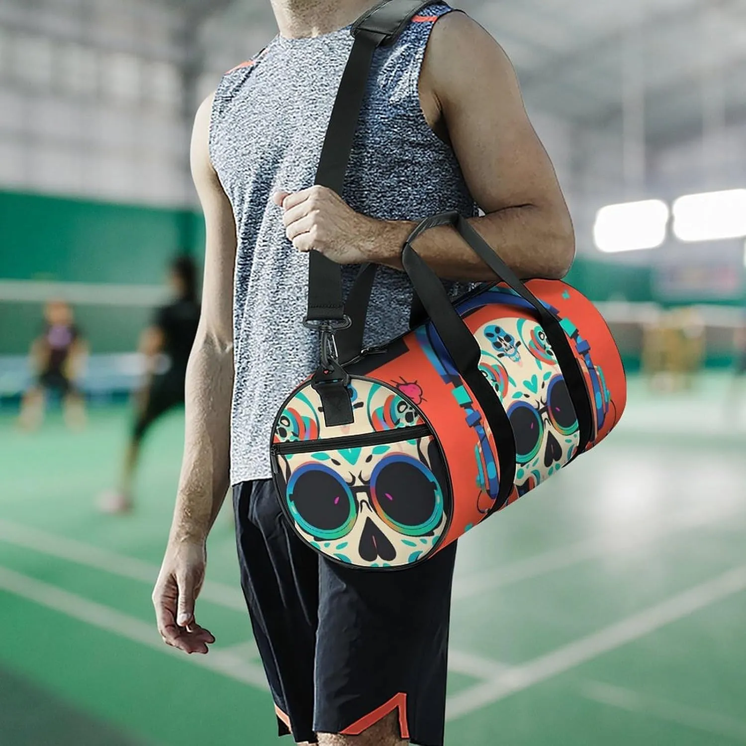 Punk Rock Earphones Skull Gym Bag Small Travel Duffle Bag with Compartment Carry On Weekender Bag for Women Men