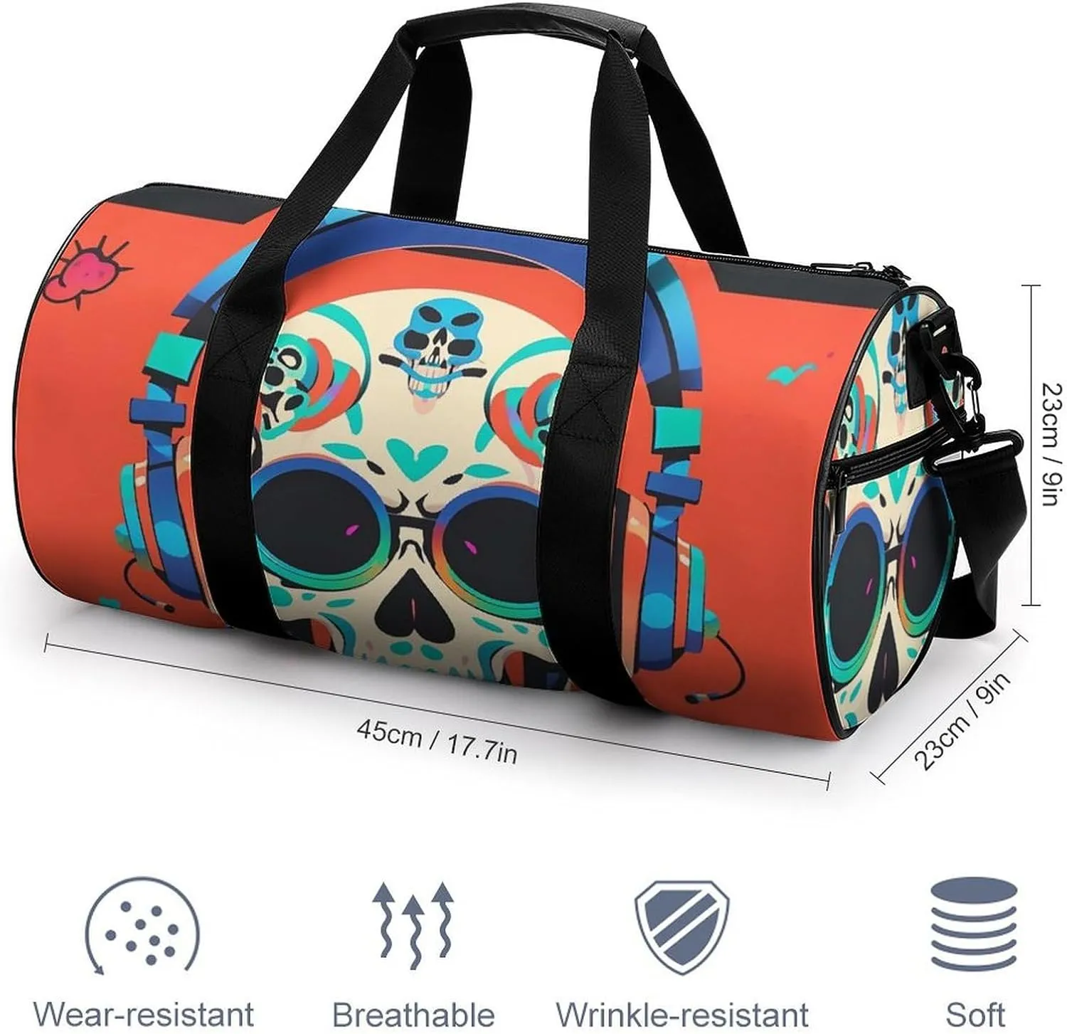 Punk Rock Earphones Skull Gym Bag Small Travel Duffle Bag with Compartment Carry On Weekender Bag for Women Men