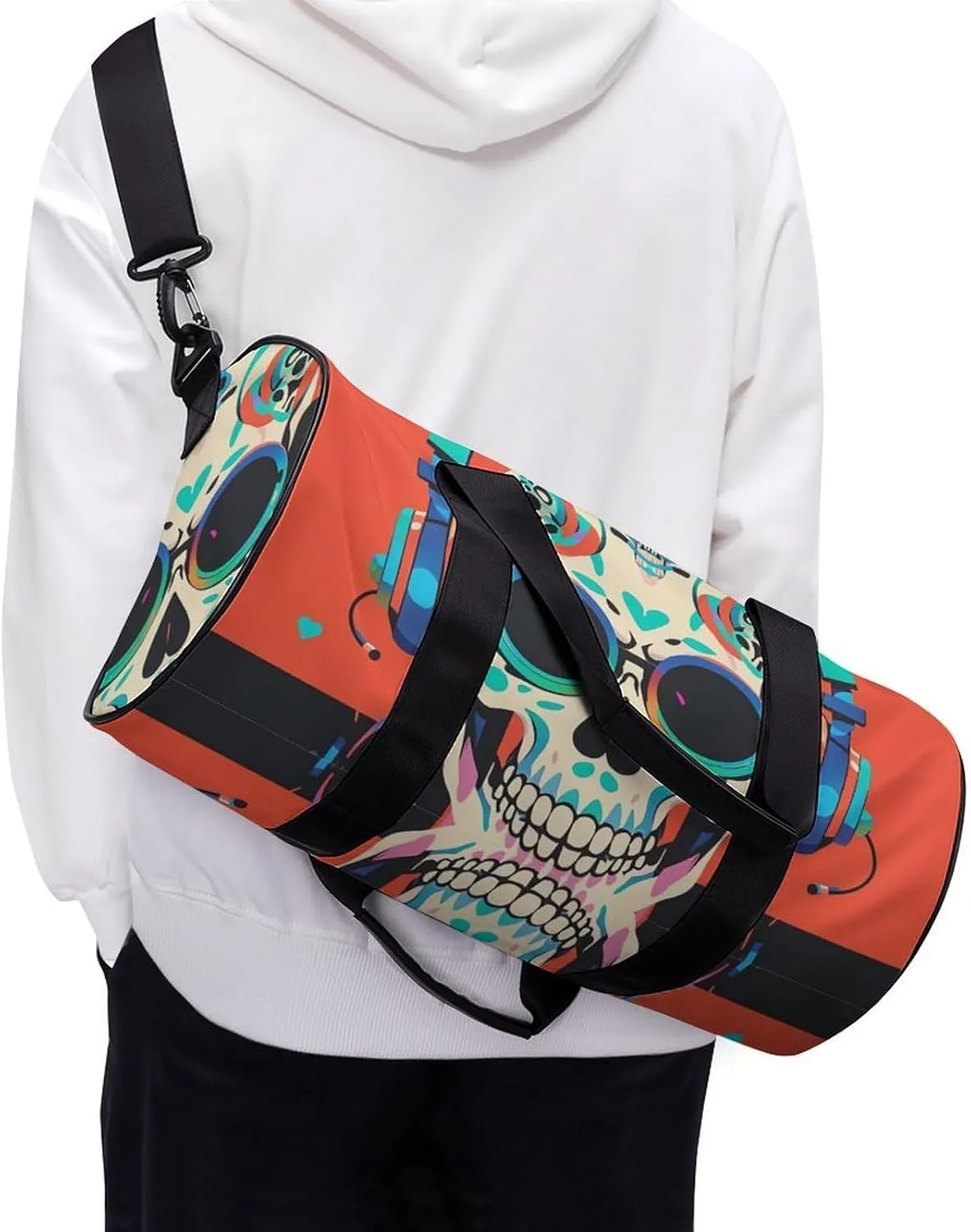 Punk Rock Earphones Skull Gym Bag Small Travel Duffle Bag with Compartment Carry On Weekender Bag for Women Men