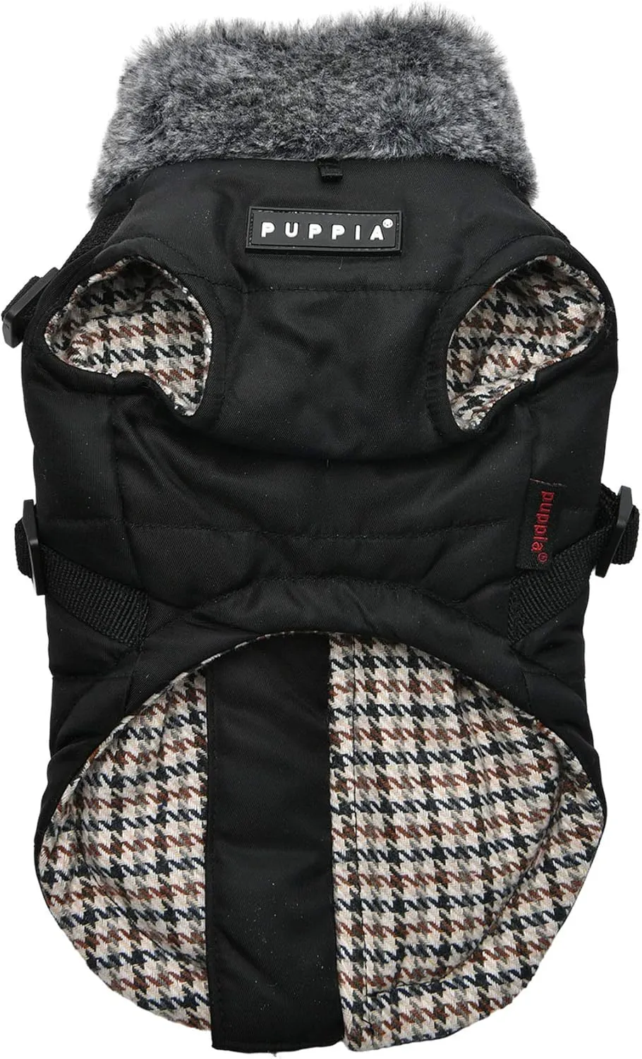 Puppia Donavan Winter Dog Coat with Integrated Harness No Pull Cold Weather Waterproof Warm Fleece Back Zipper for Small & Medium Dog, Black, Large