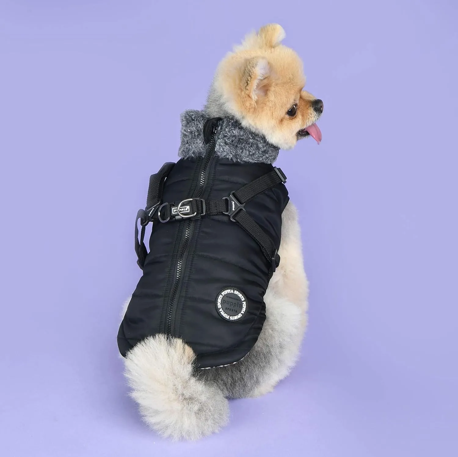 Puppia Donavan Winter Dog Coat with Integrated Harness No Pull Cold Weather Waterproof Warm Fleece Back Zipper for Small & Medium Dog, Black, Large