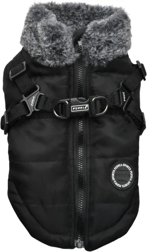 Puppia Donavan Winter Dog Coat with Integrated Harness No Pull Cold Weather Waterproof Warm Fleece Back Zipper for Small & Medium Dog, Black, Large