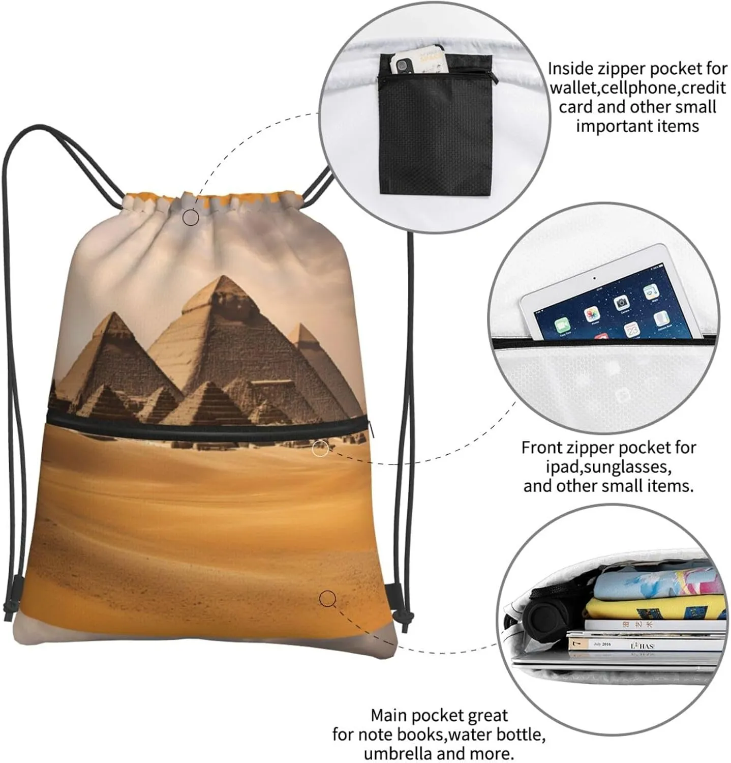 Pyramids Of Egypt Drawstring Backpack String Cinch Bag For Fitness Workout, Daily Commute, Travel