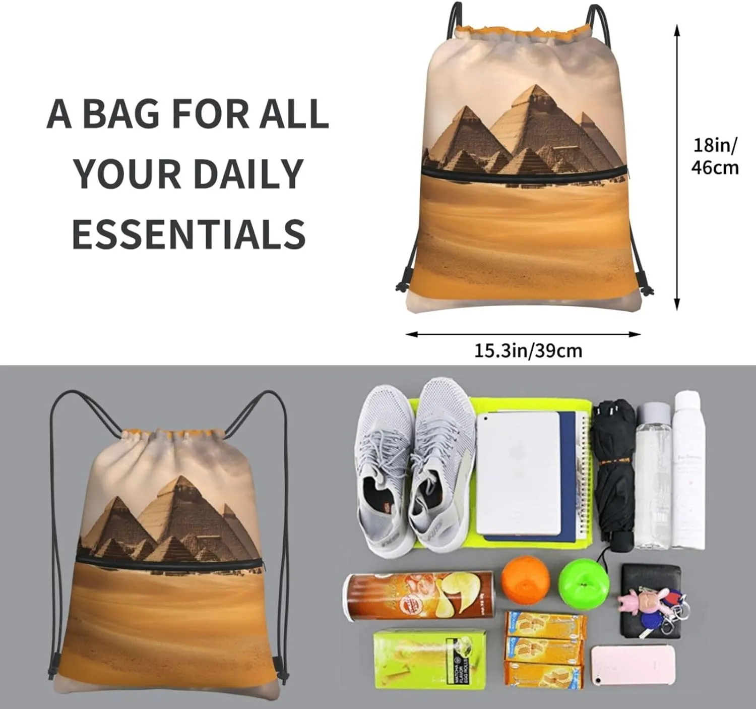 Pyramids Of Egypt Drawstring Backpack String Cinch Bag For Fitness Workout, Daily Commute, Travel