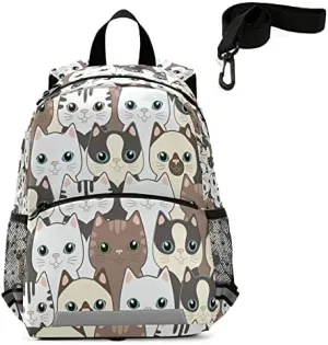 QUGRL Cute Cats Toddler Backpack Kitten Kids Backpack for Baby Boys Girls Childish Kindergarten Schoolbag Preschool Nursery Travel Bag with Safety Leash Harness 3-8 Years