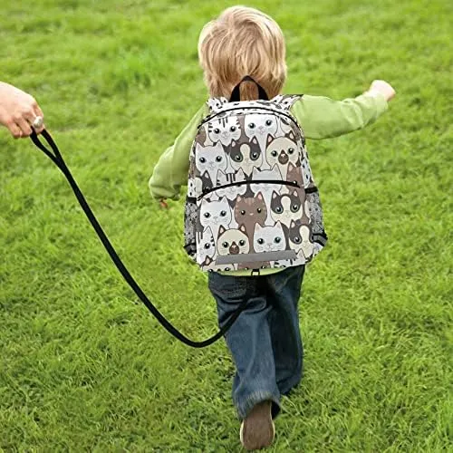 QUGRL Cute Cats Toddler Backpack Kitten Kids Backpack for Baby Boys Girls Childish Kindergarten Schoolbag Preschool Nursery Travel Bag with Safety Leash Harness 3-8 Years
