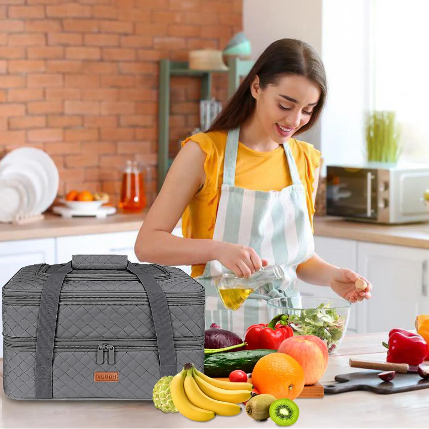 Quilted Double Decker Casserole Carrier - Expandable Dish Carrying Case for Hot or Cold Food, Lasagna Holder for Potluck Parties, Picnic, Beach, Fits 9"×13" Baking Dish (Grey)