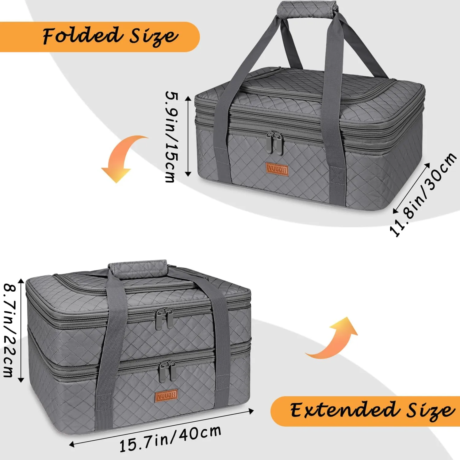 Quilted Double Decker Casserole Carrier - Expandable Dish Carrying Case for Hot or Cold Food, Lasagna Holder for Potluck Parties, Picnic, Beach, Fits 9"×13" Baking Dish (Grey)