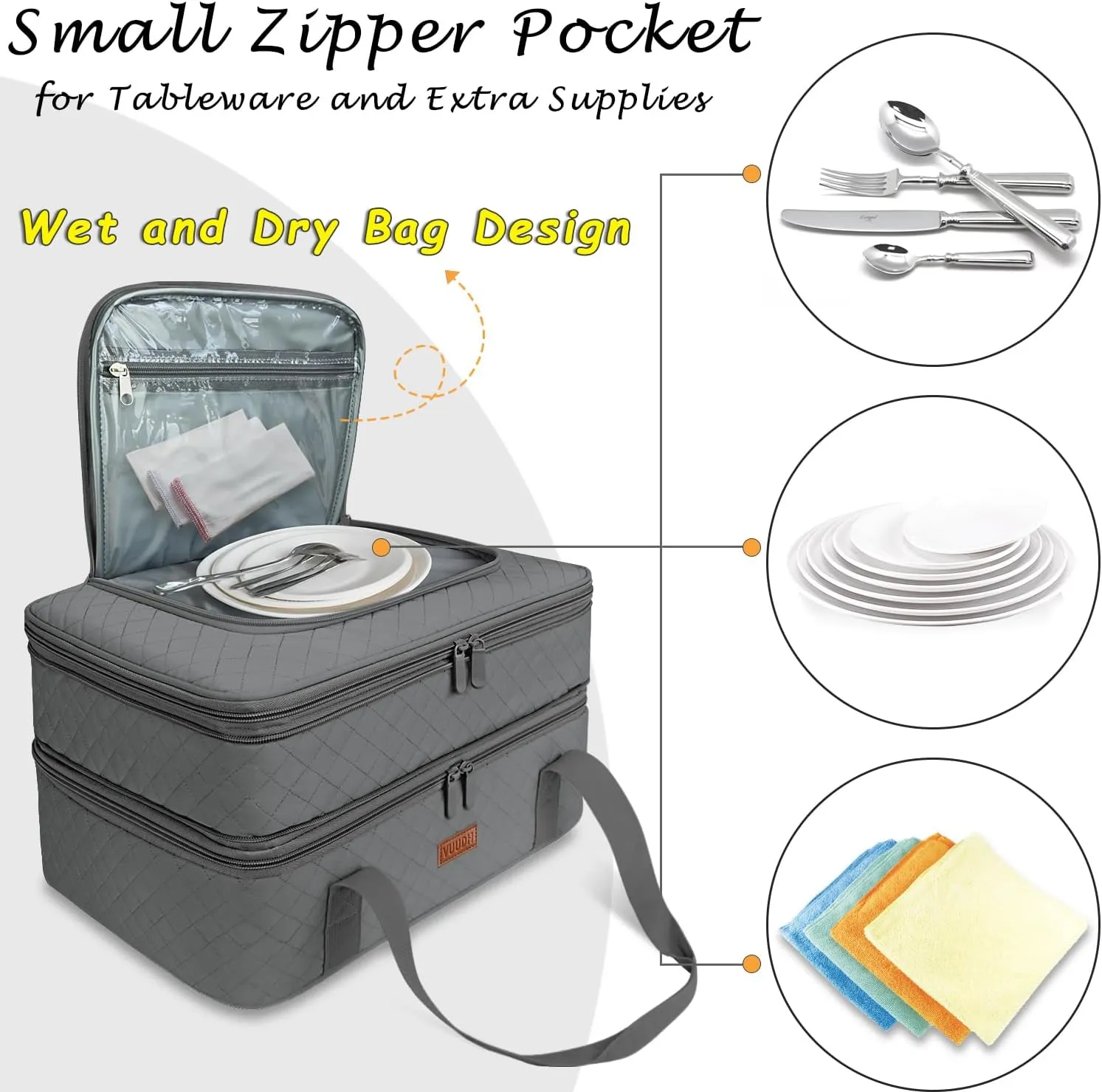 Quilted Double Decker Casserole Carrier - Expandable Dish Carrying Case for Hot or Cold Food, Lasagna Holder for Potluck Parties, Picnic, Beach, Fits 9"×13" Baking Dish (Grey)