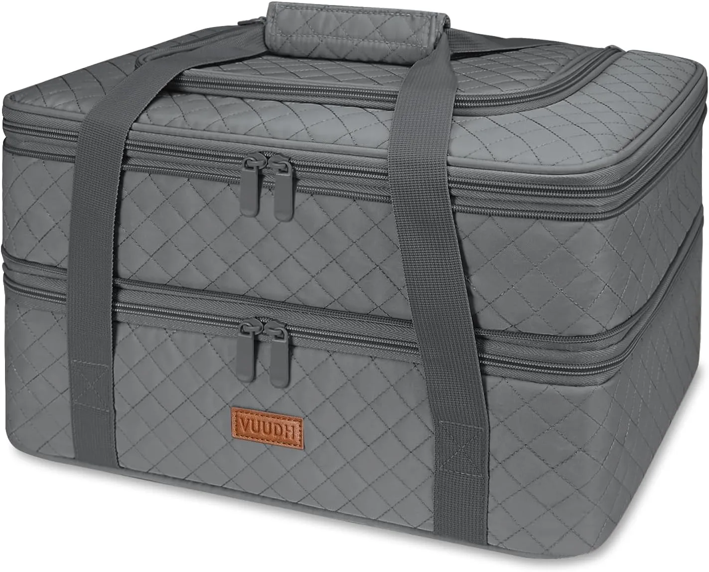Quilted Double Decker Casserole Carrier - Expandable Dish Carrying Case for Hot or Cold Food, Lasagna Holder for Potluck Parties, Picnic, Beach, Fits 9"×13" Baking Dish (Grey)
