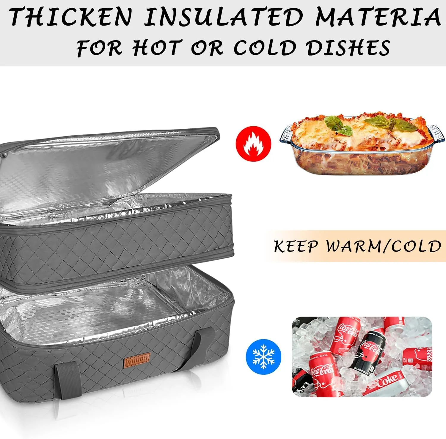 Quilted Double Decker Casserole Carrier - Expandable Dish Carrying Case for Hot or Cold Food, Lasagna Holder for Potluck Parties, Picnic, Beach, Fits 9"×13" Baking Dish (Grey)
