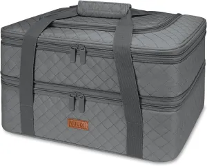 Quilted Double Decker Casserole Carrier - Expandable Dish Carrying Case for Hot or Cold Food, Lasagna Holder for Potluck Parties, Picnic, Beach, Fits 9"×13" Baking Dish (Grey)