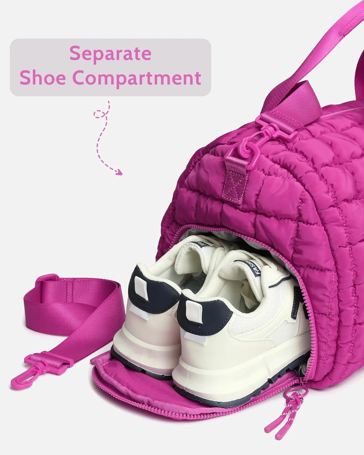 Quilted Duffel Bag for Women, Puffer Gym Duffle Bag with Shoe Compartment Lightweight Large Crossbody Sport Bag Travel Tote Fuchsia