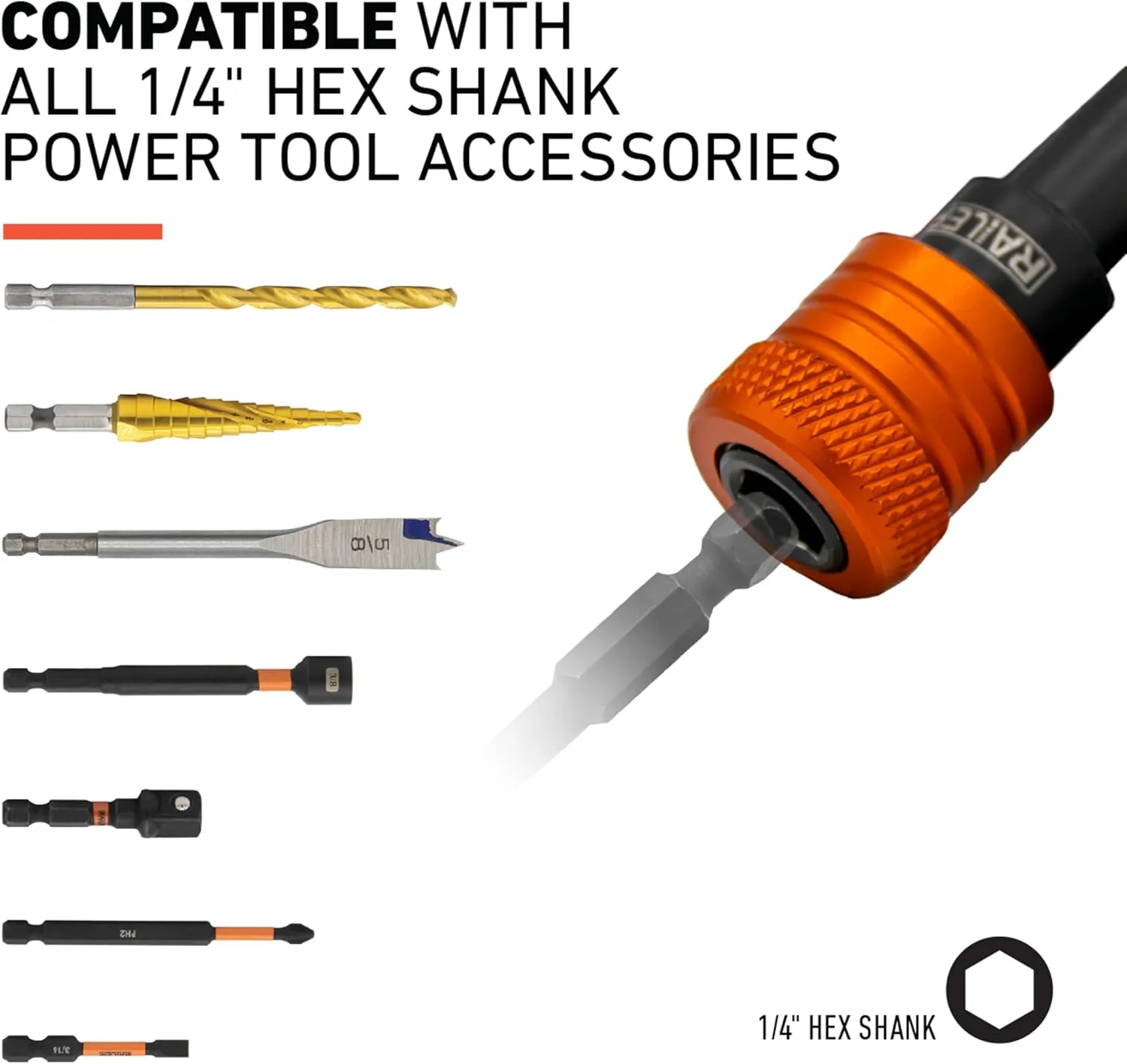 Railer Bit Holder Keychain 5pc - 1/4 inch Hex Shank Bit Holders - Quick-change Design For Nut Driver, Screwdriver & Drill Bits, Include Keychain Carabiner (Multi-Color)